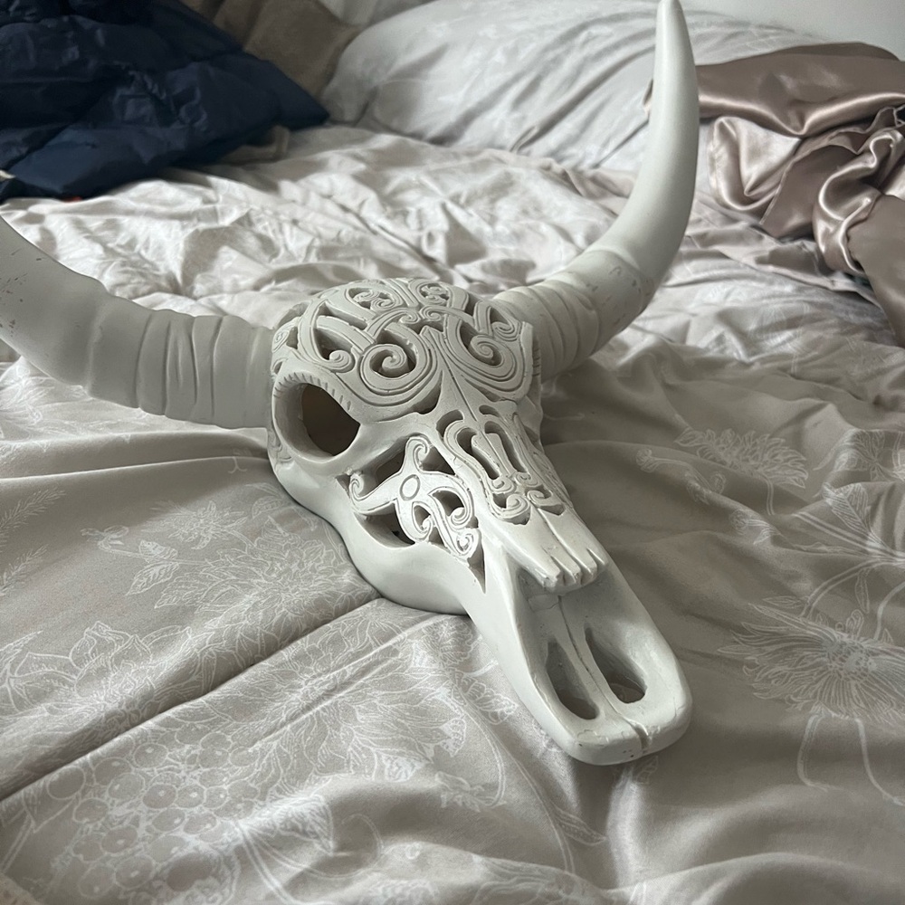 White Decorative Bull Skull with Intricate Design